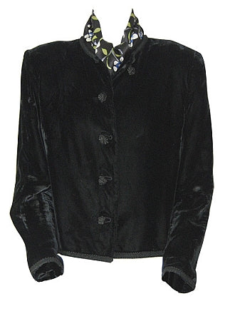 White floral silk scarf on black background styled with outfit for sophisticated look