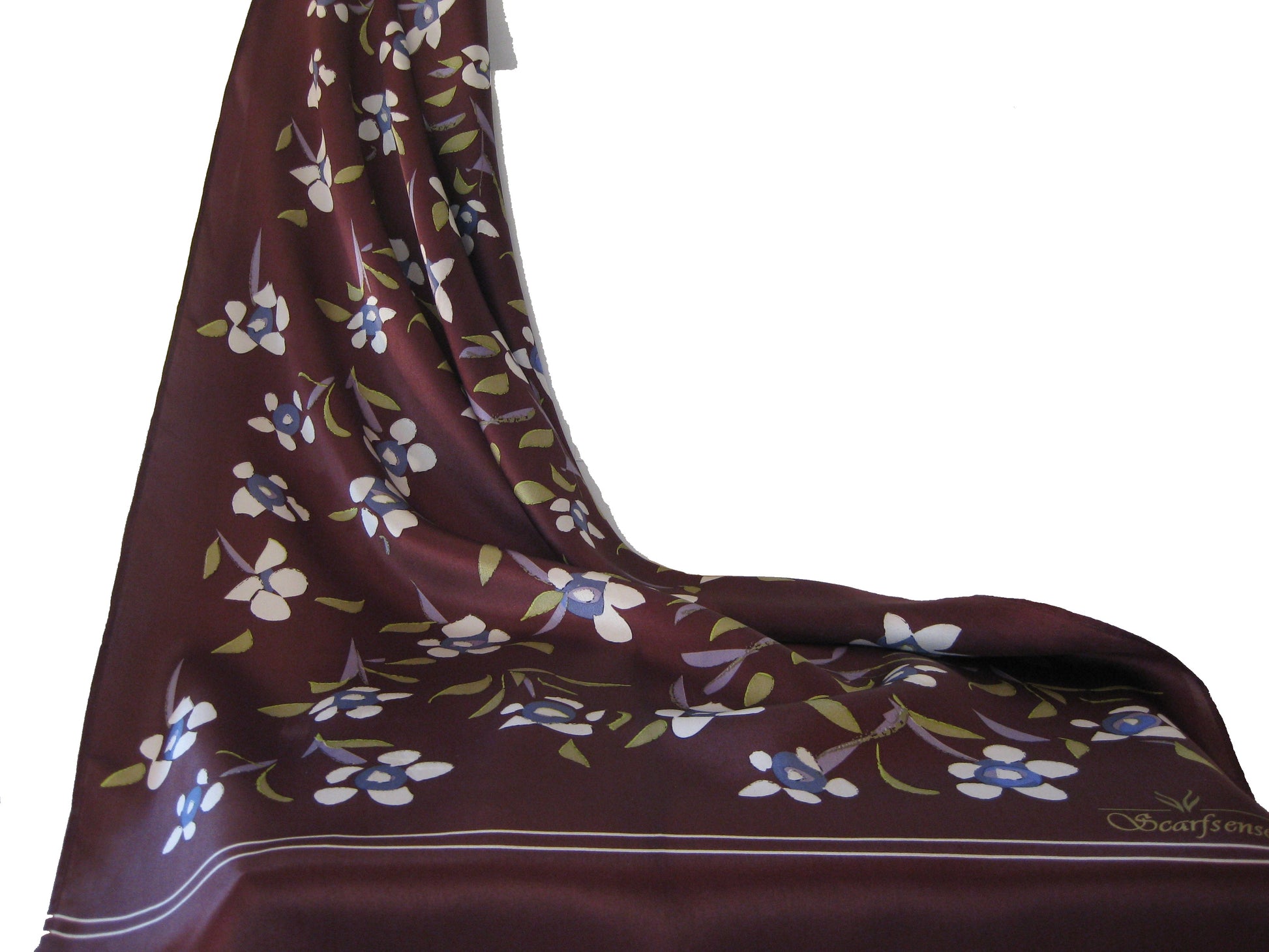 Lightweight silk scarf with white floral pattern on cocoa background soft flowing drape