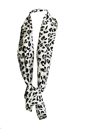 Leopard print silk scarf tied in classic neck style