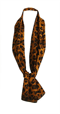 Animal print silk scarf tied in classic neck style for elegant wear