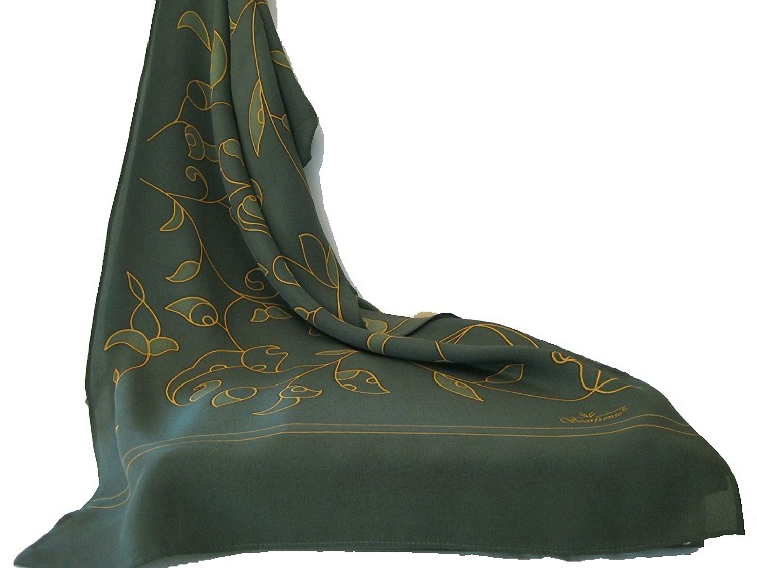 Lightweight green silk scarf with rich natural tones soft flowing drape