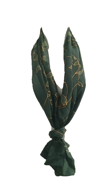 Green silk scarf tied in classic neck style for seasonal wear
