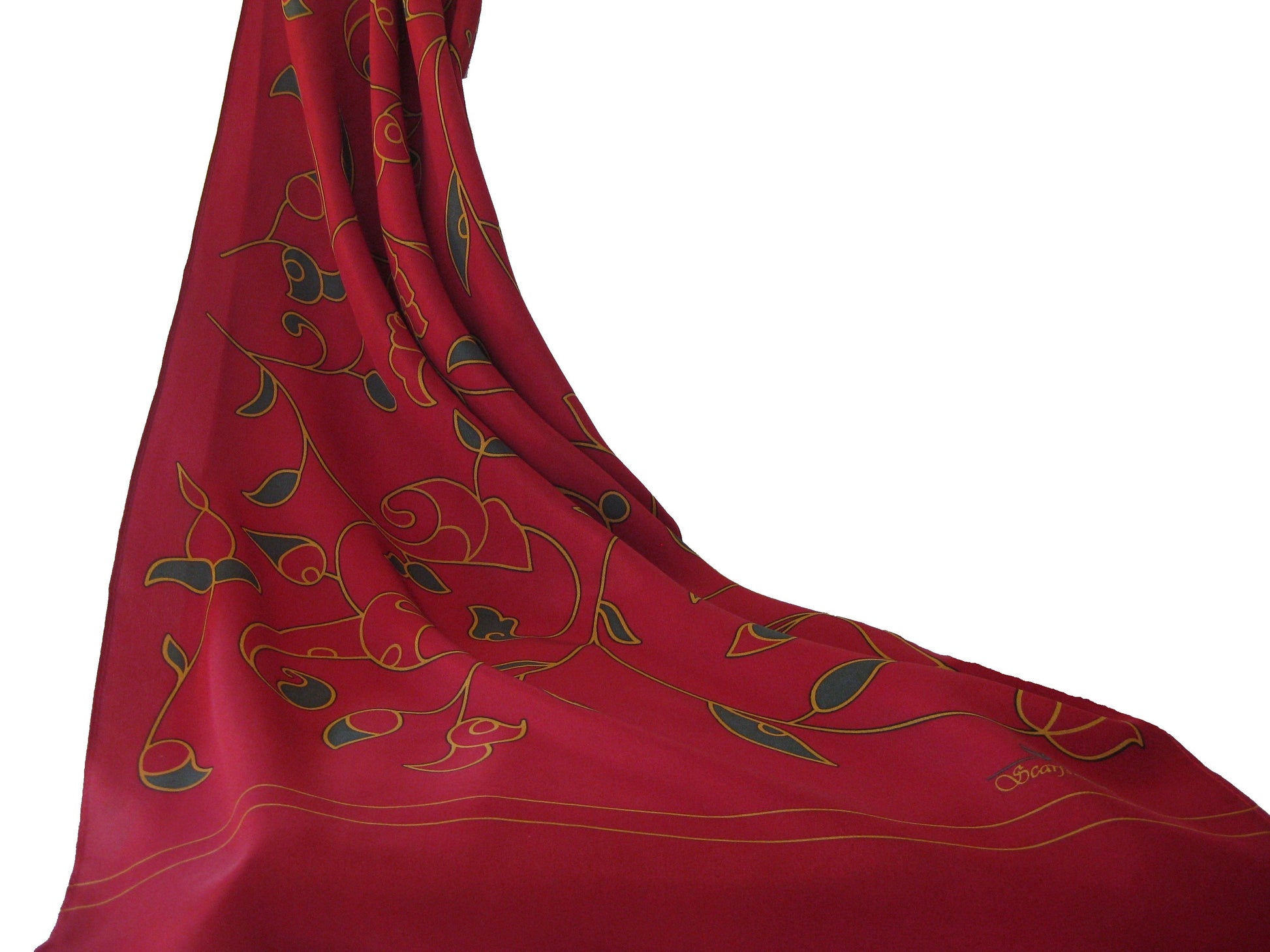 Lightweight red silk scarf with rich winter tones soft flowing drape