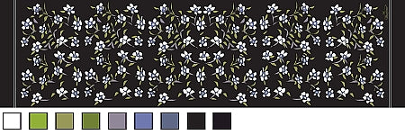 White floral silk scarf on black background full pattern design detail